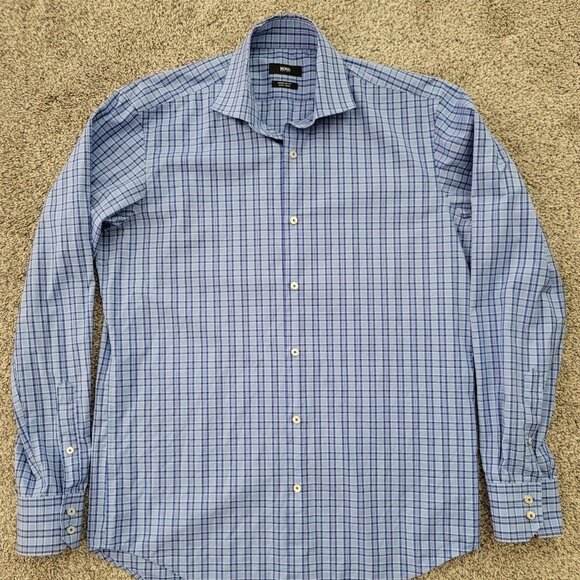 Men's Boss  (HUGO BOSS) Blue Plaid Button Down Long Sleeve Shirt 39 - 15 1/2 - Picture 1 of 11